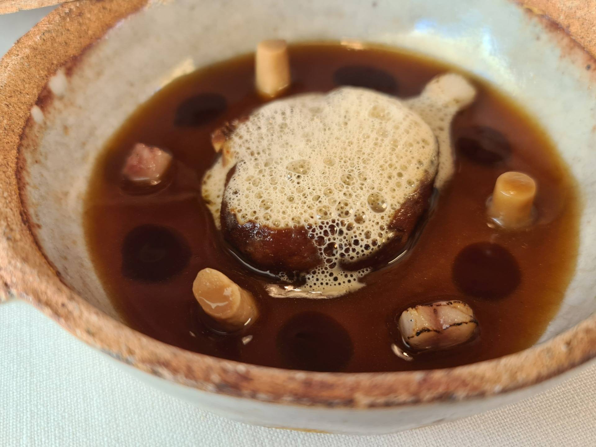 ”Foie in duc powder, eel juice and pickled mushrooms” (Ninth main dish) (2).