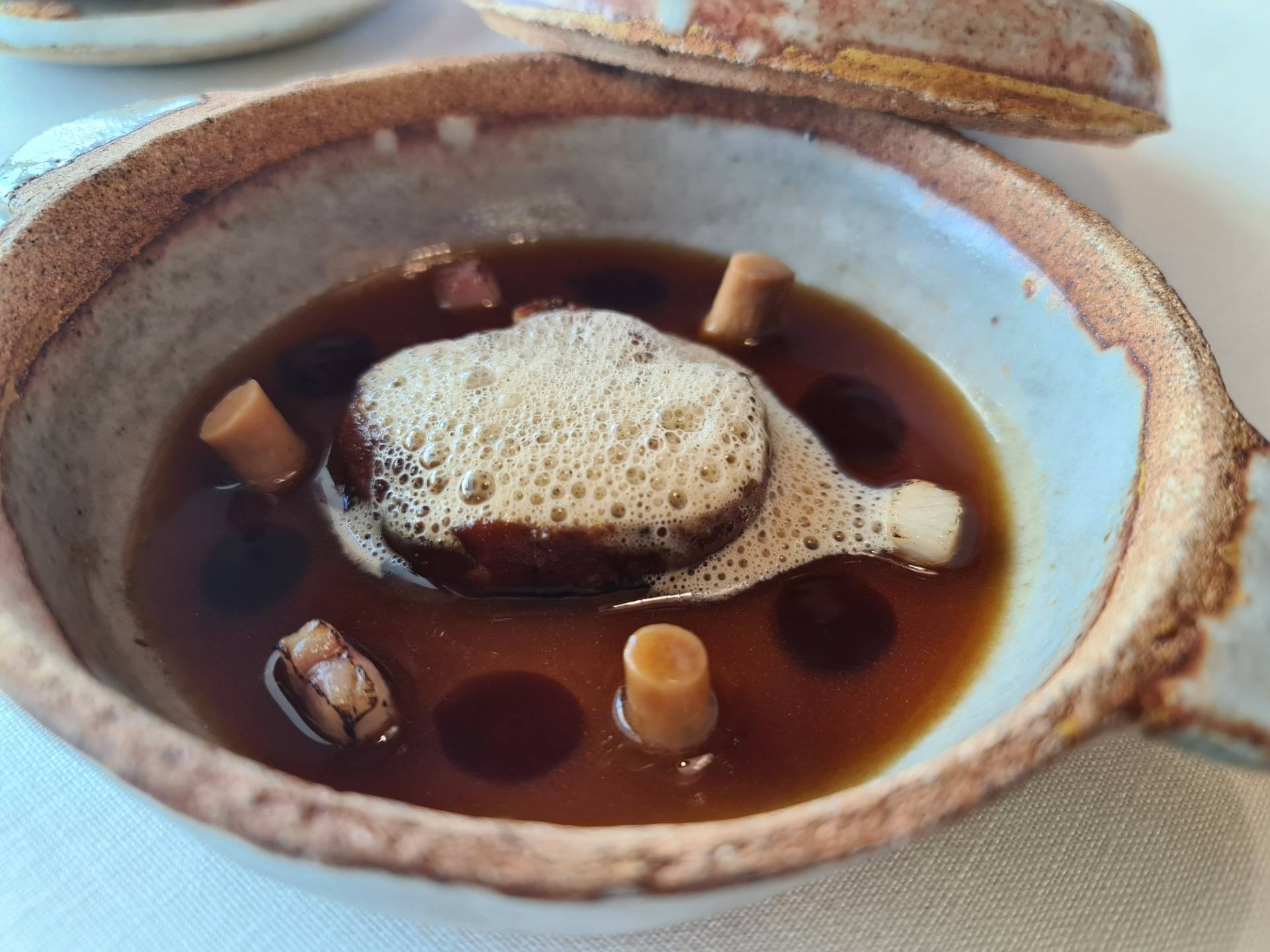 ”Foie in duc powder, eel juice and pickled mushrooms” (Ninth main dish) (1).