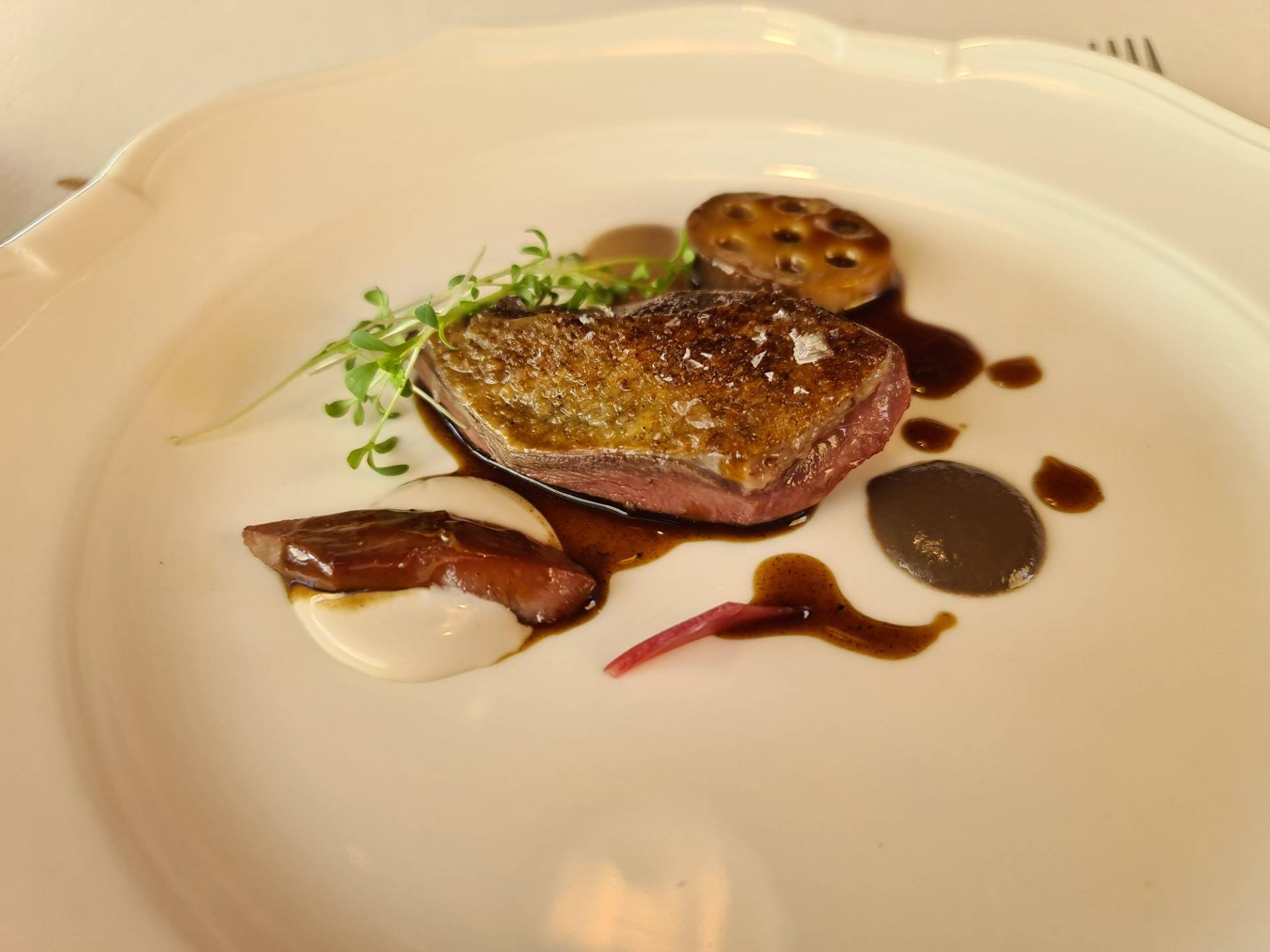”Unexpected end” - Braised pigeon, sauce from its interiors and its liver, in different preparations (Tenth main dish) (3).
