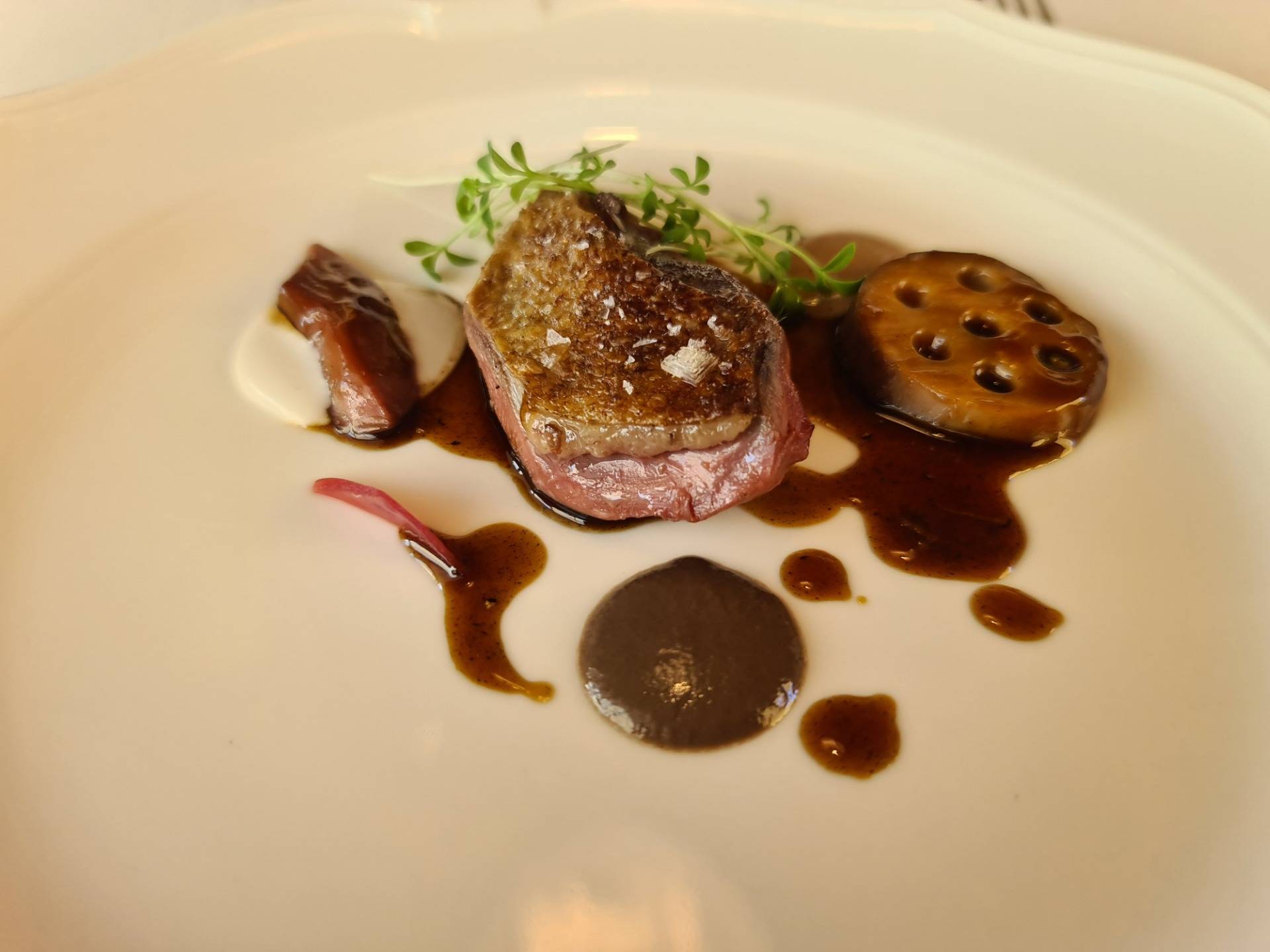 ”Unexpected end” - Braised pigeon, sauce from its interiors and its liver, in different preparations (Tenth main dish) (2).