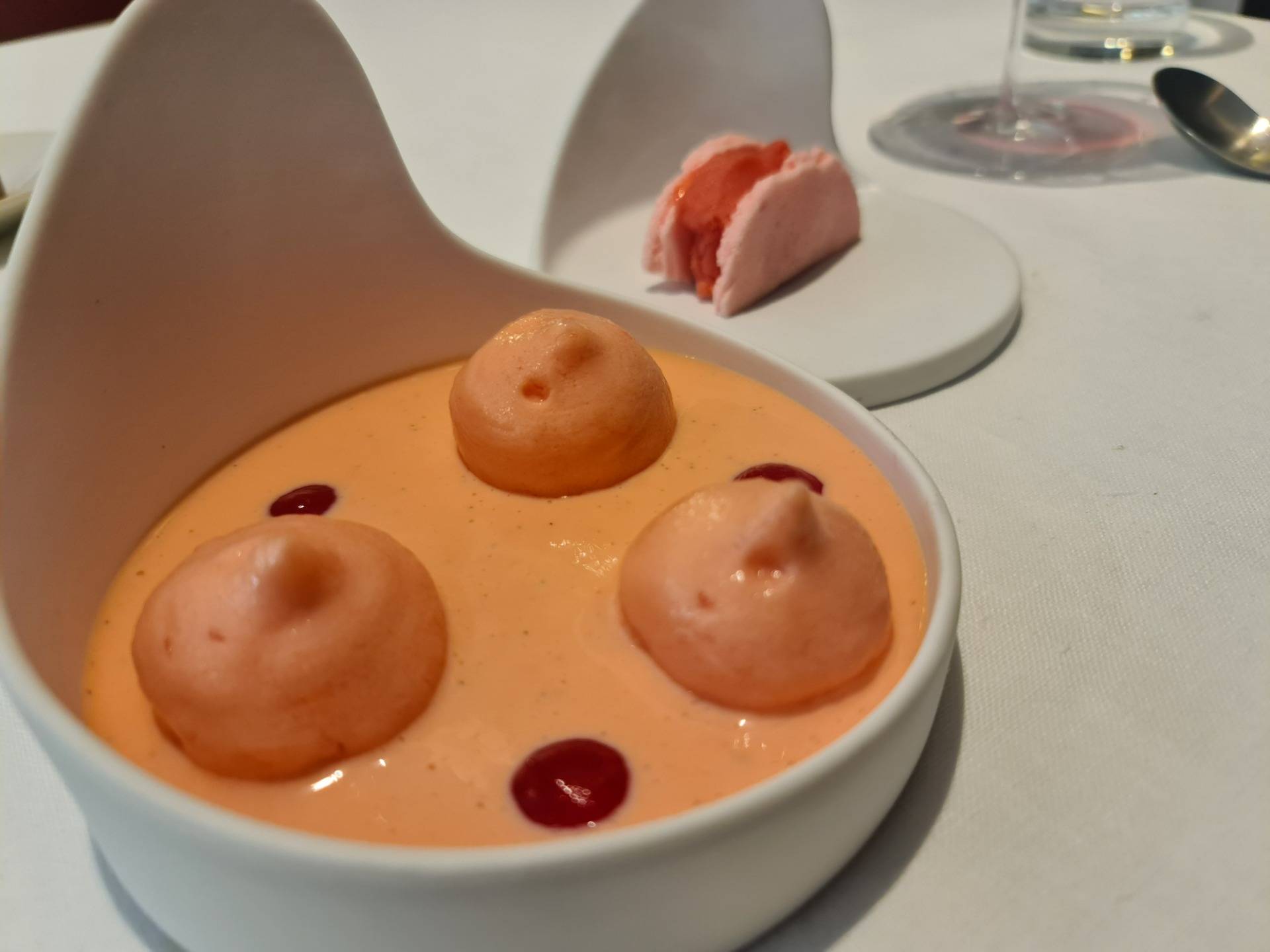 ”The PINK dessert with blood oranges and Campari” (Third main dessert) (2). 
