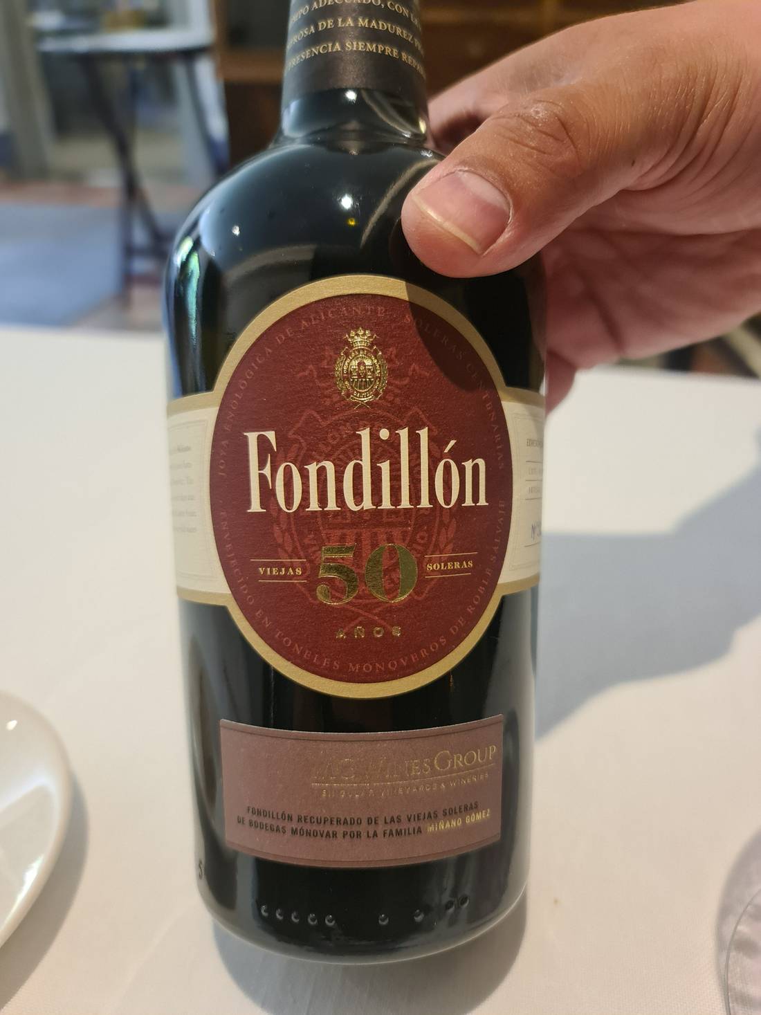 Glass of 50-years-aged Fondillón wine (a very traditional Alicante luxury wine, made 100% from Monastrell grapes, wich obtained all its high alcohol content in a natural way by the solera system, using very old barrels) (€15/glass).