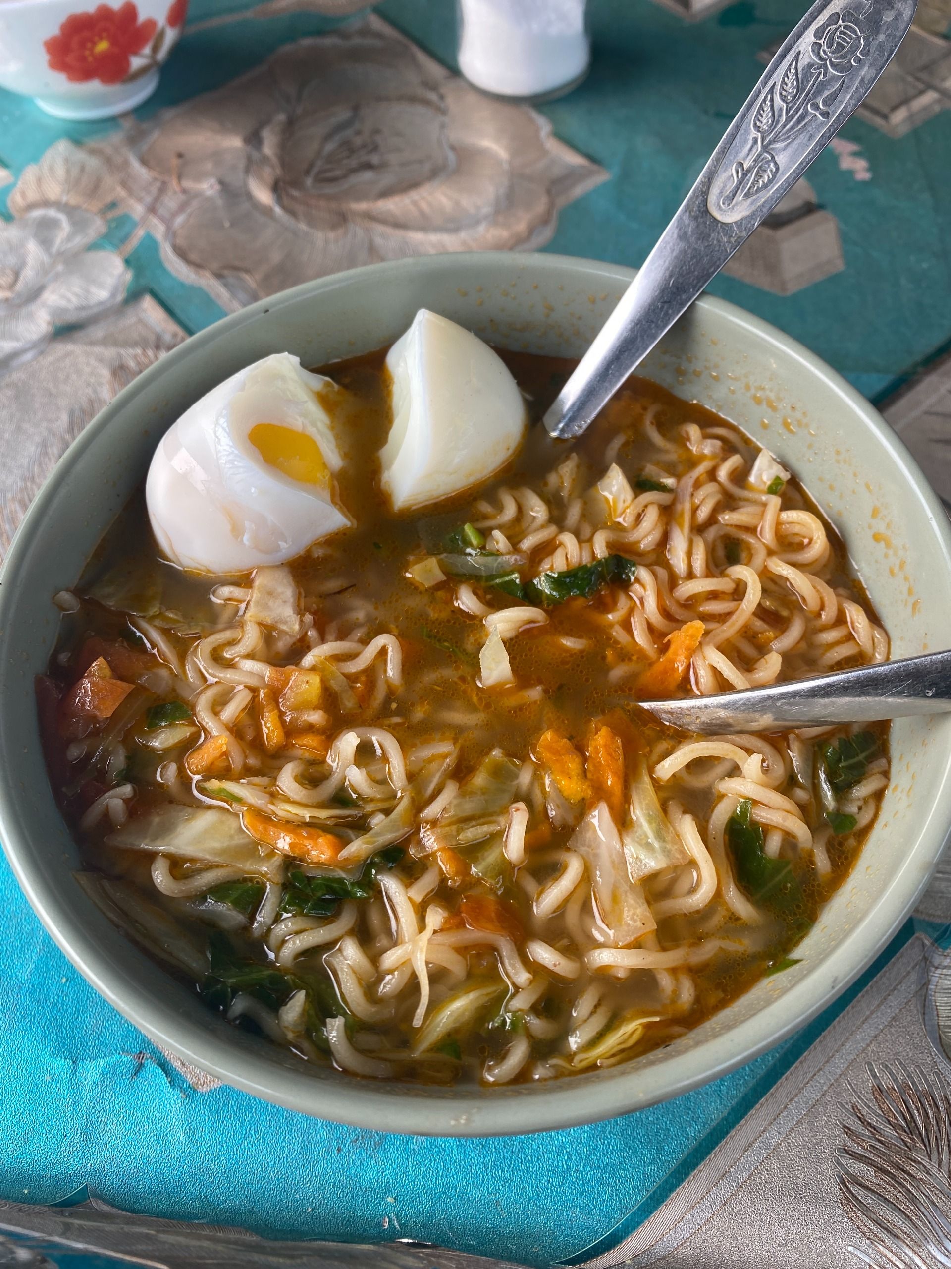 Steaming Noodles with boiled eggs