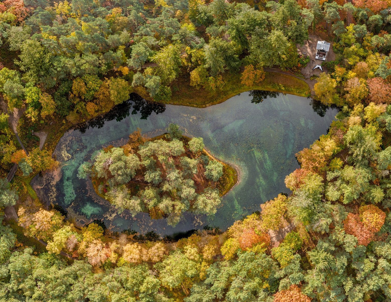 Drone shot of the big pond and tea house