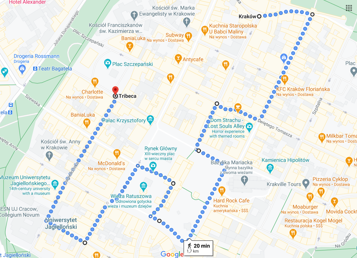 Trasa: Pijarska - Floriańska - Św. Tomasza - Św. Jana - Rynek - Wiślna - Gołębia - Jagiellońska - Plac Szczepański