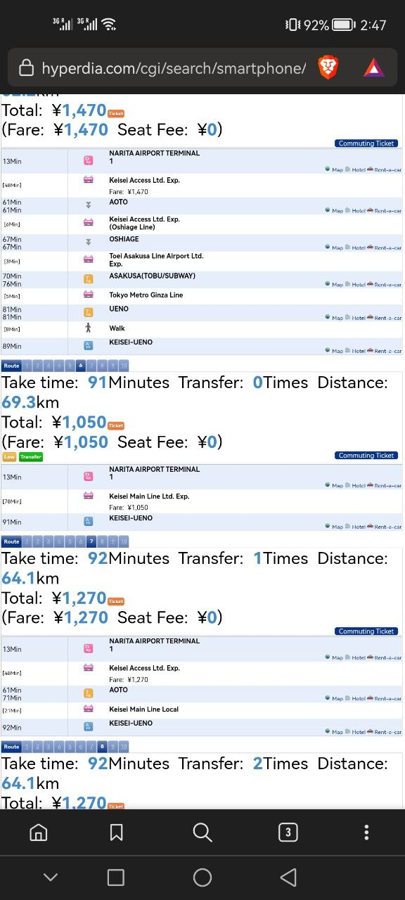 Our trip cost 1,050 yen and the duration is 91 minutes