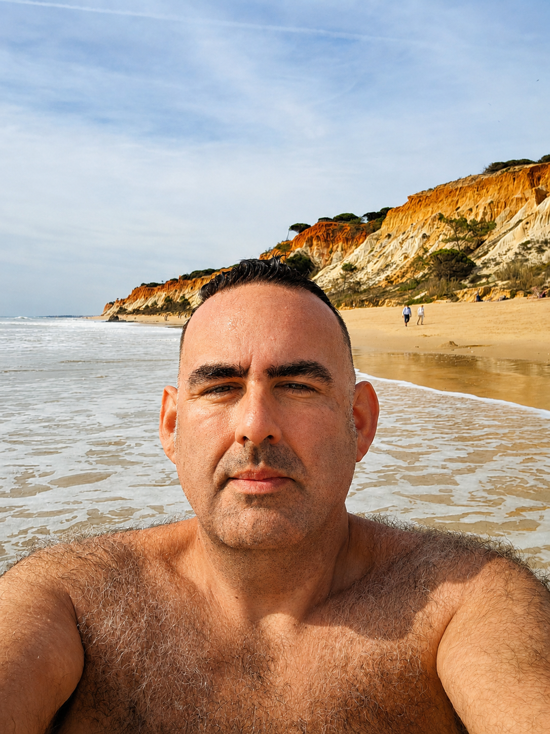 Fresh from an Atlantic swim in November, with the Falésia cliffs behind me.