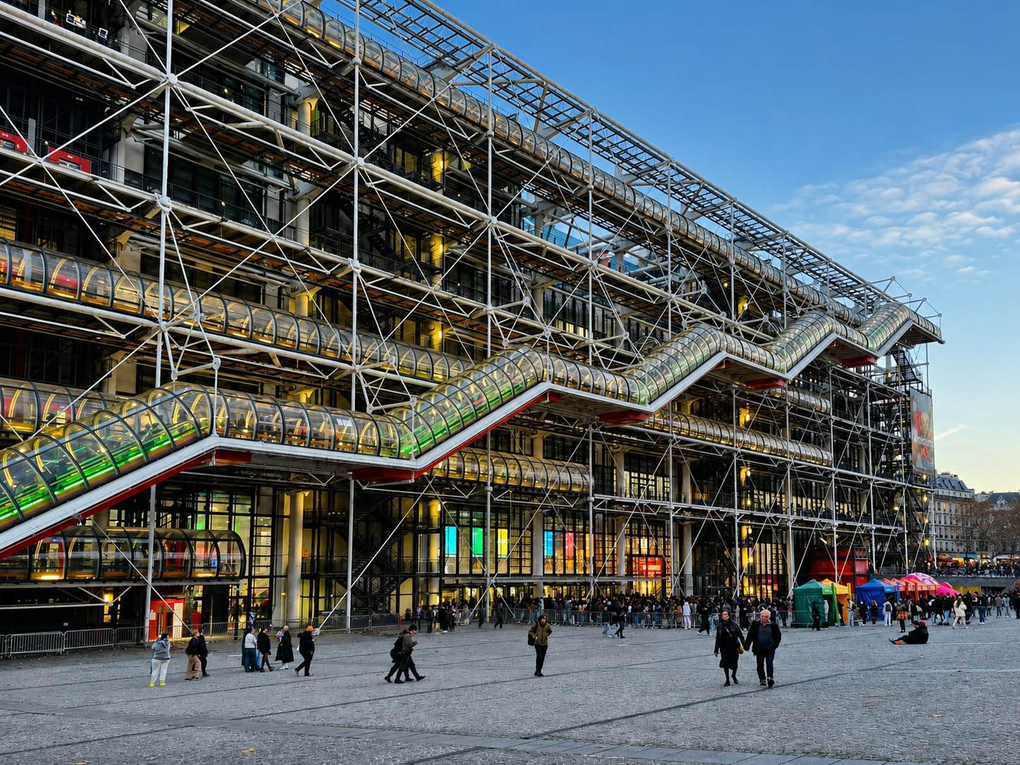 The Centre Pompidou, with its structure, pipes and circulation displayed shamelessly on the outside.