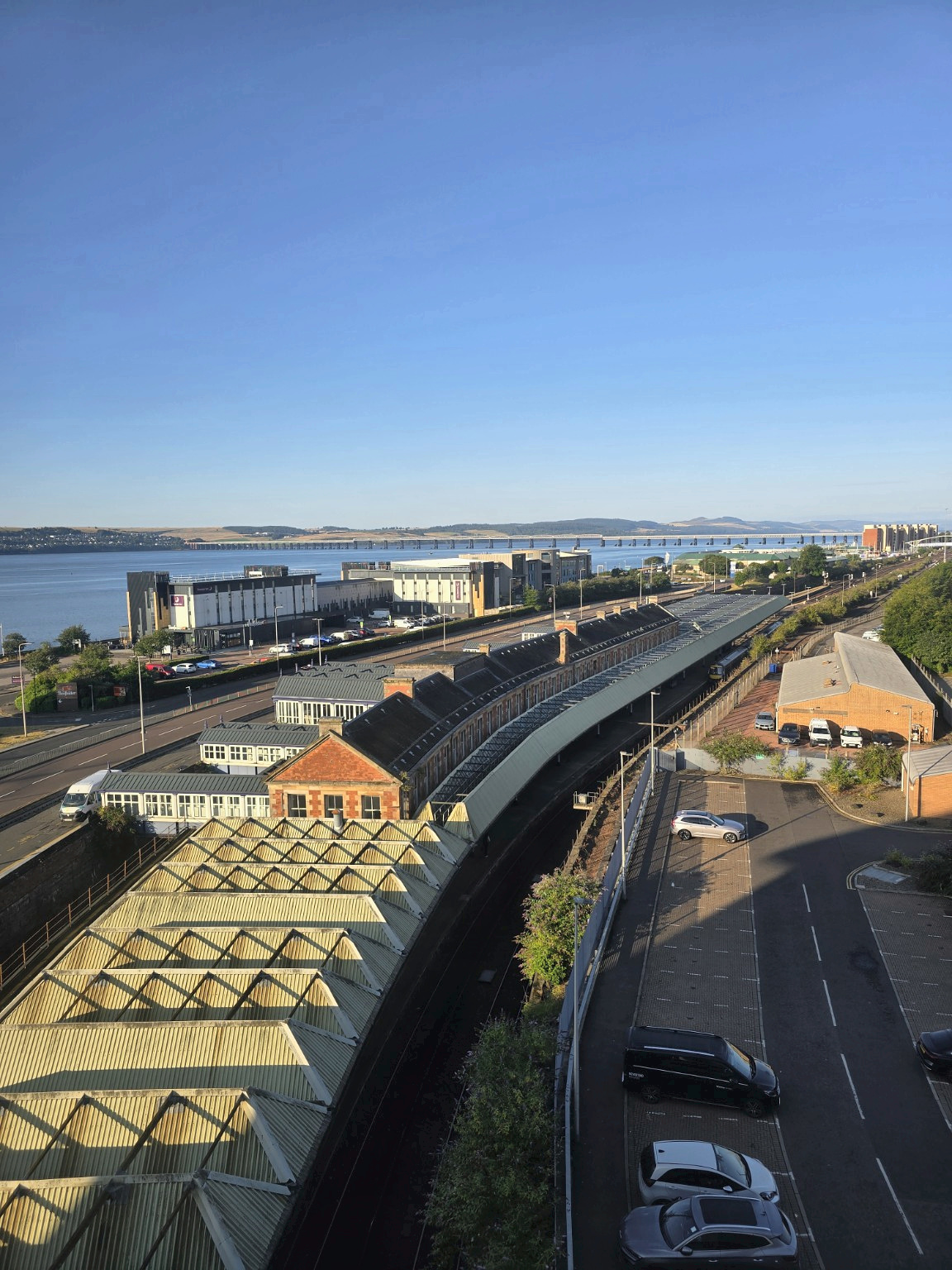 From the fifth floor, Dundee’s railway station, the River Tay and the bridge made the hotel’s logistical advantages unusually photogenic.