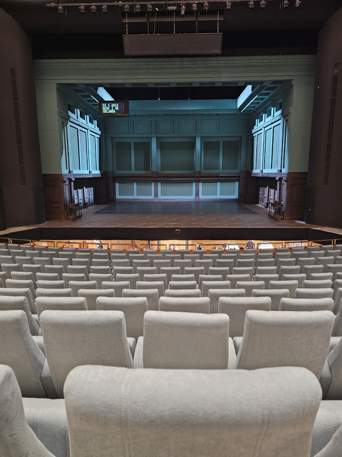 The view from my seat before Orlando: pale upholstery, a stripped-back set, and the faint warning that Brno’s most carefully planned opera stop might turn out to be the least rewarding.
