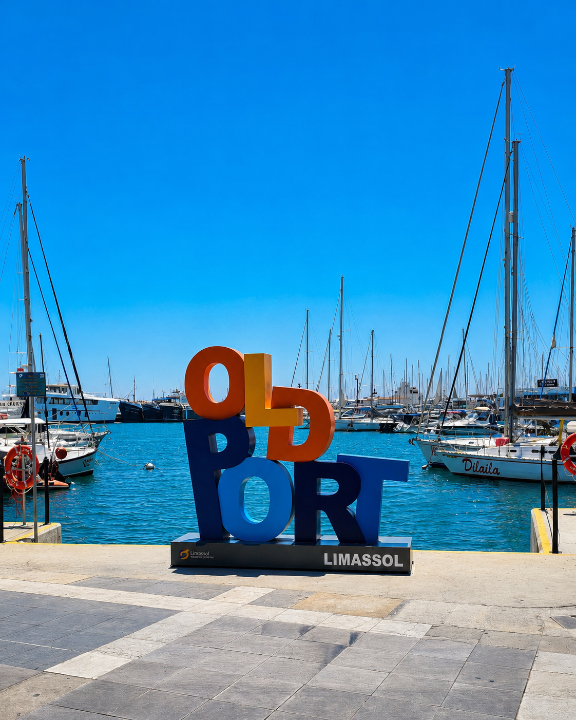Limassol’s Old Port, where the marina supplied the yachts and the city supplied the obligatory oversized sign.