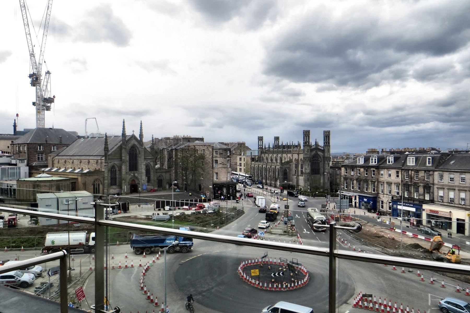 The view from my Glasshouse balcony in 2018: cranes, roadworks and the St James redevelopment from which W Edinburgh would eventually emerge.