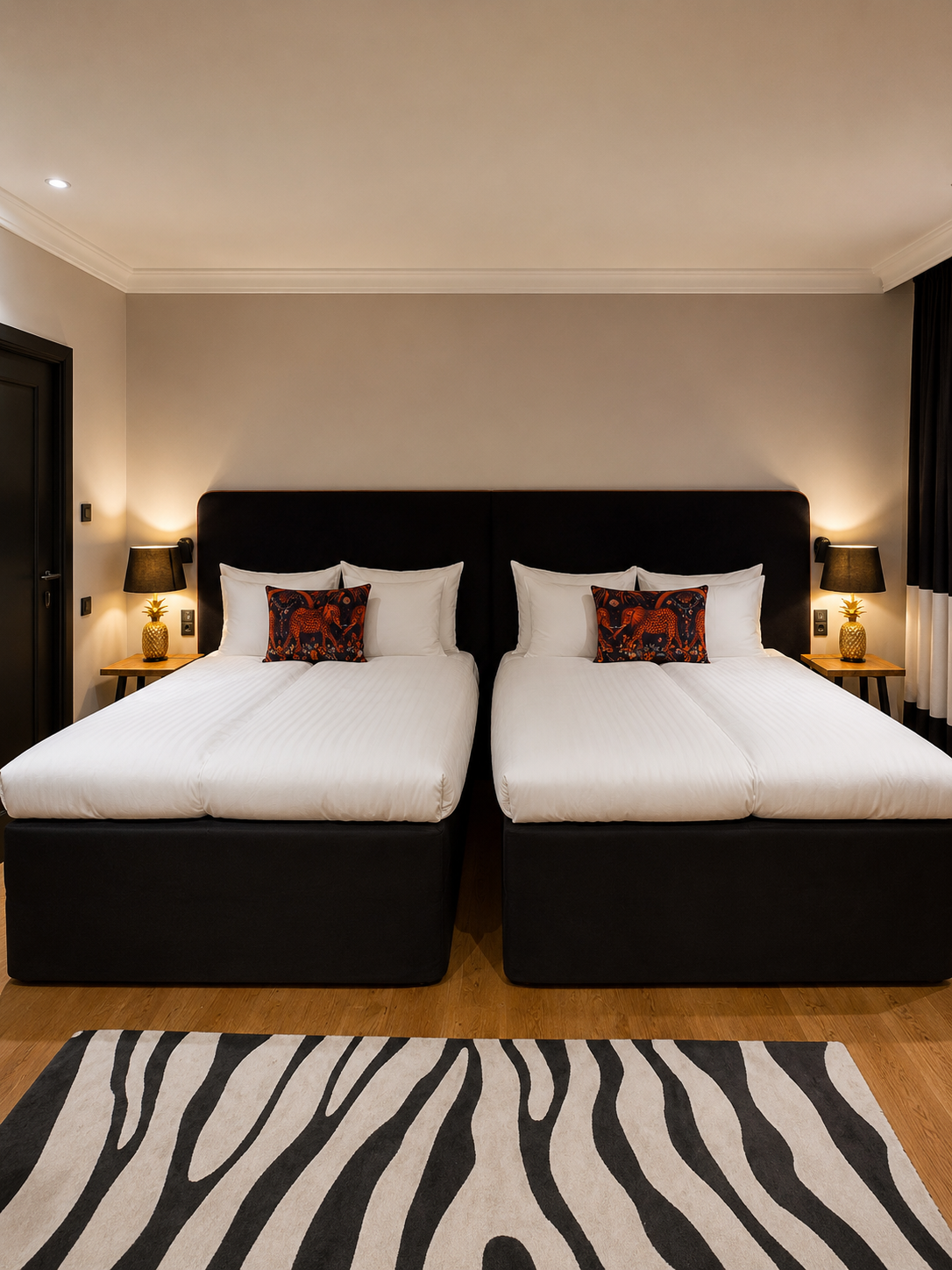 The upgraded room at Hotel U14 — generous, polished and unmistakably Nordic, with just enough zebra print to stop it becoming too serious.