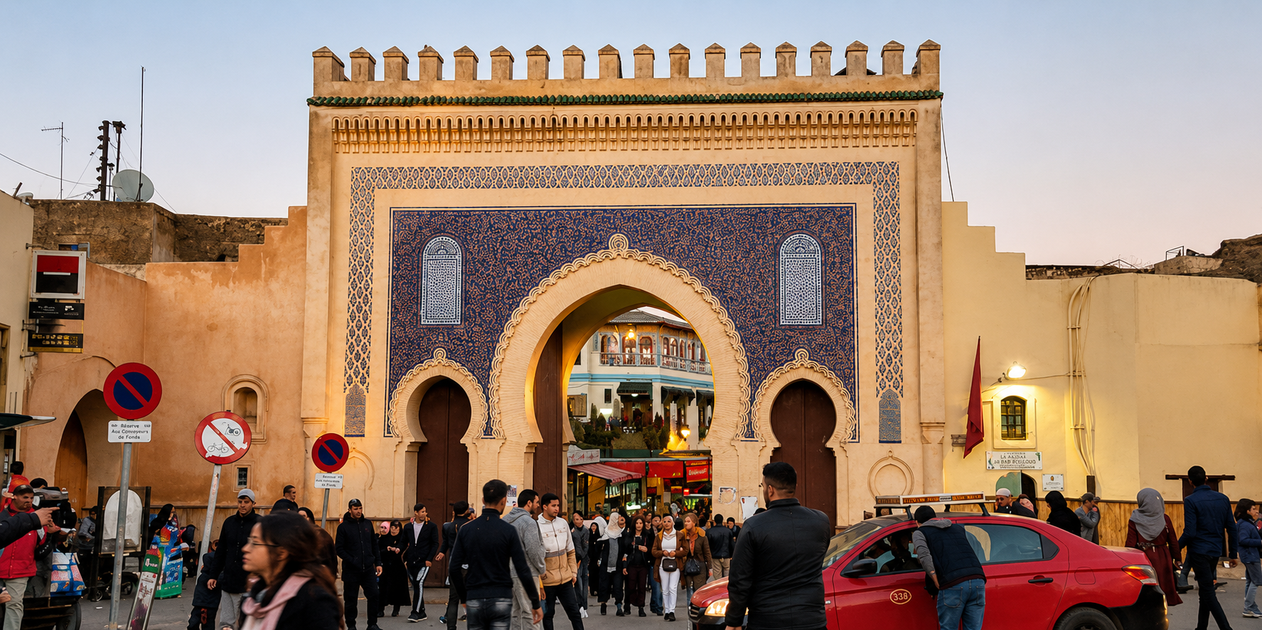 Bab Bou Jeloud at dusk — the monumental gateway into Fes el-Bali, where the modern city seems to end and another century begins.