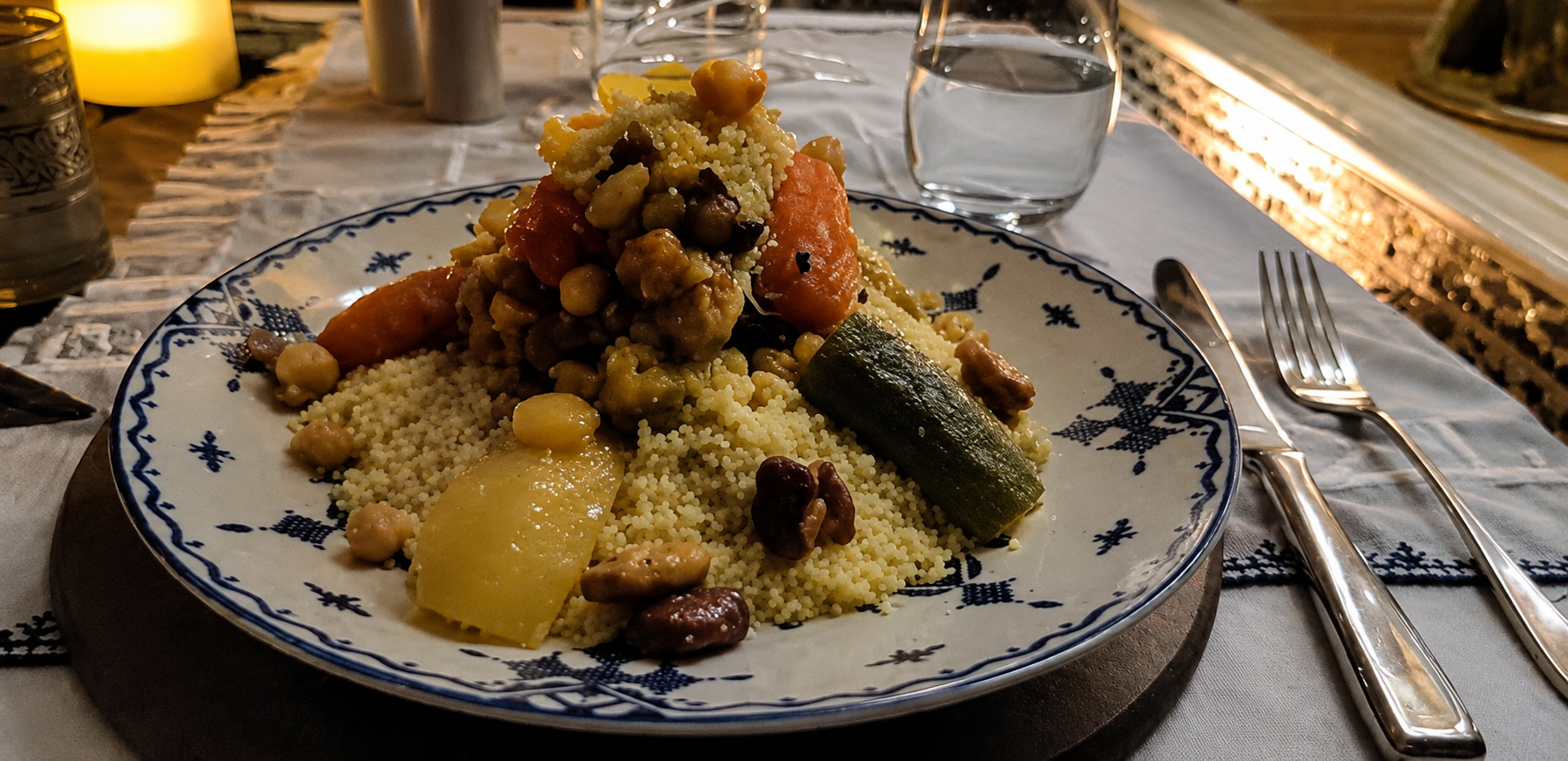 My first couscous in Morocco — beautifully presented at the Marriott, though the setting impressed me more than the dish itself.
