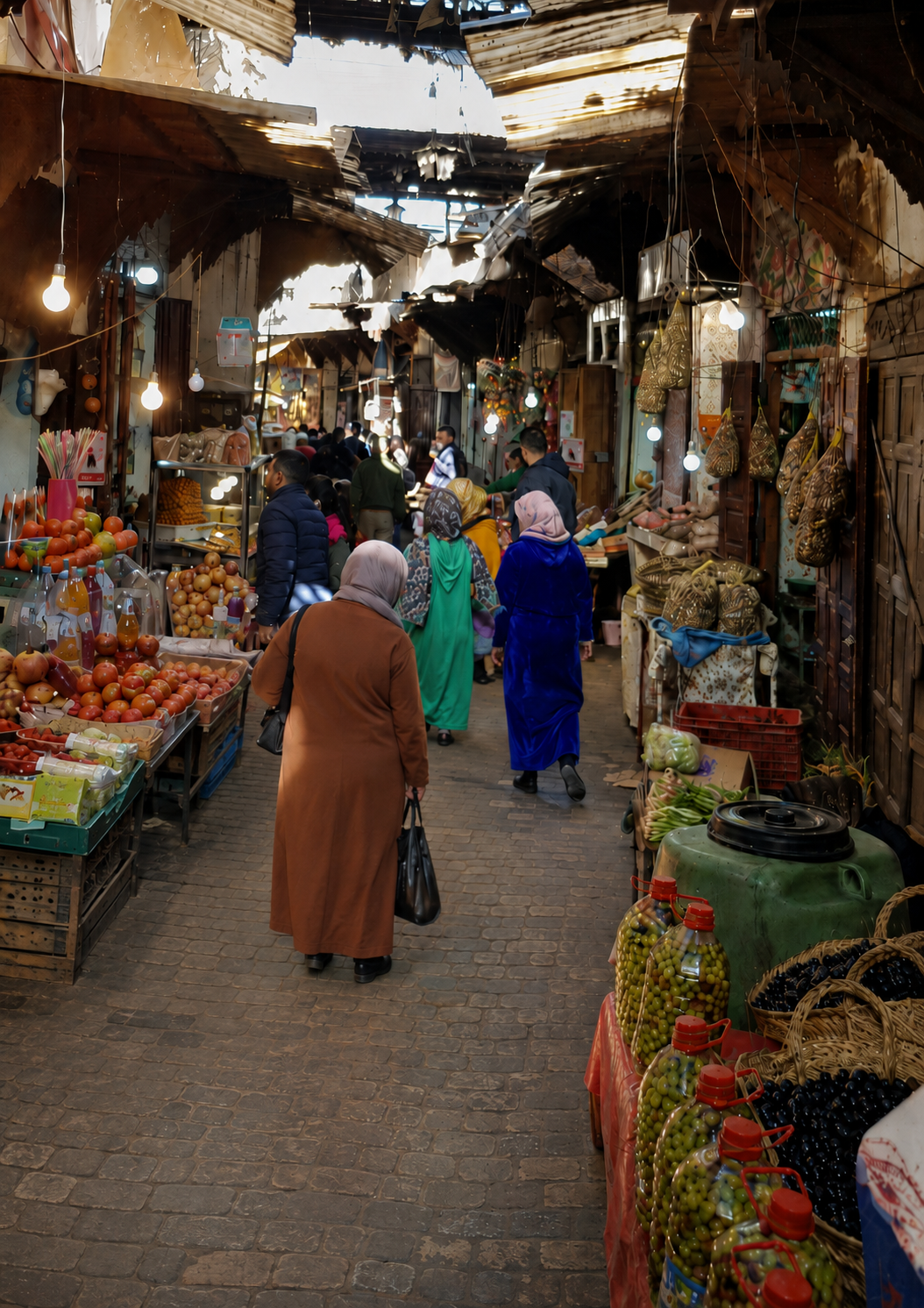Inside Fes el-Bali, the medieval street pattern is not preserved as a museum piece — it is still filled with markets, workshops and everyday life.