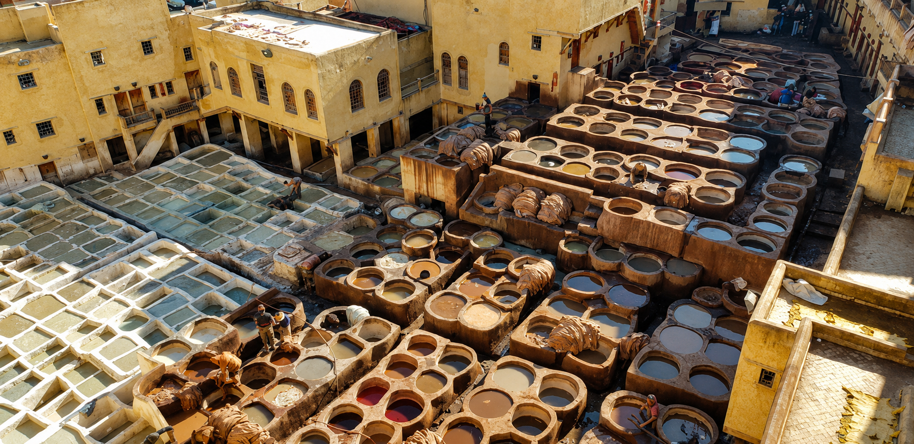 The Chouara tannery from above — a dense patchwork of stone vats where one of Fes’s oldest working crafts is still part of the living medina.