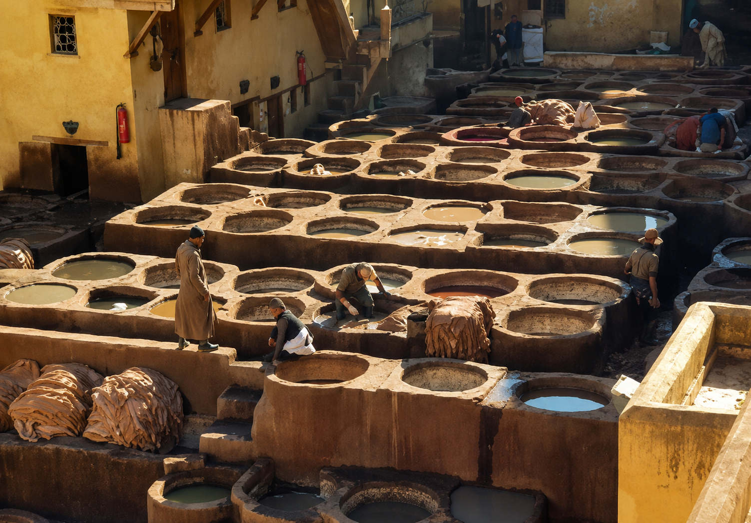 Workers at the Chouara tannery — a working landscape of vats, hides and manual labour that makes the place feel industrial rather than merely picturesque.