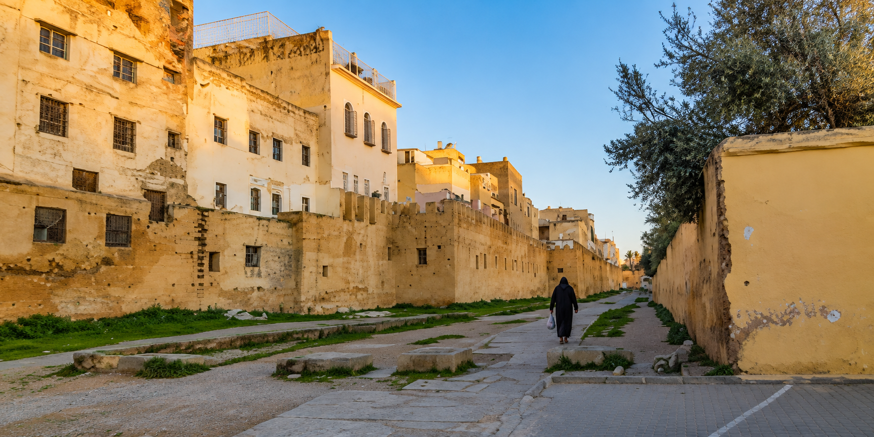 Approaching Fes el-Bali — the broad avenues of the modern city give way to old walls, weathered façades and a completely different urban rhythm.