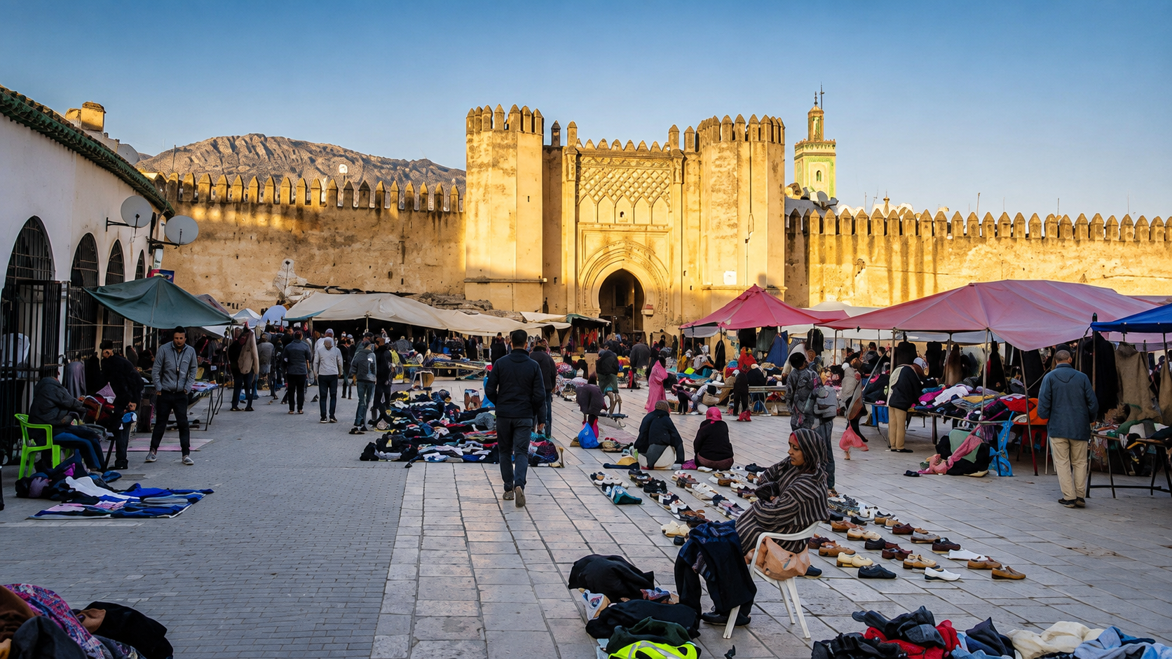 The market outside Bab Bou Jeloud — everyday shopping, improvised stalls and local life gathered beneath one of Fes’s most monumental entrances.