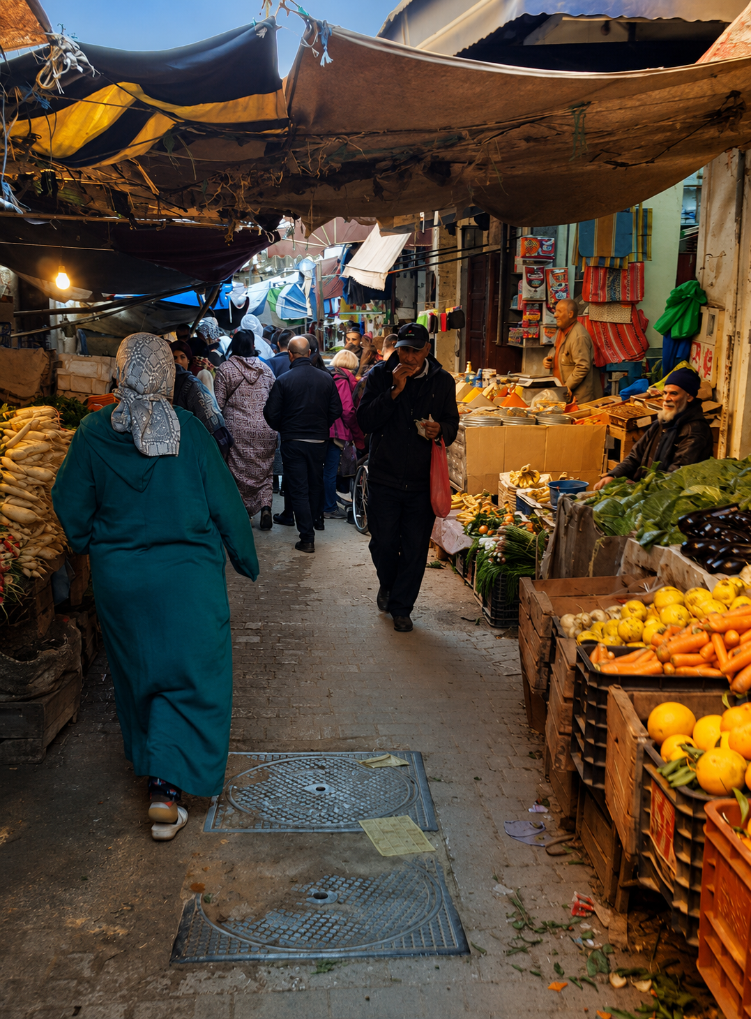 Talaa Kebira in Fes el-Bali — vegetables, spices, shoppers and improvised awnings compressing everyday life into one narrow artery of the medina.