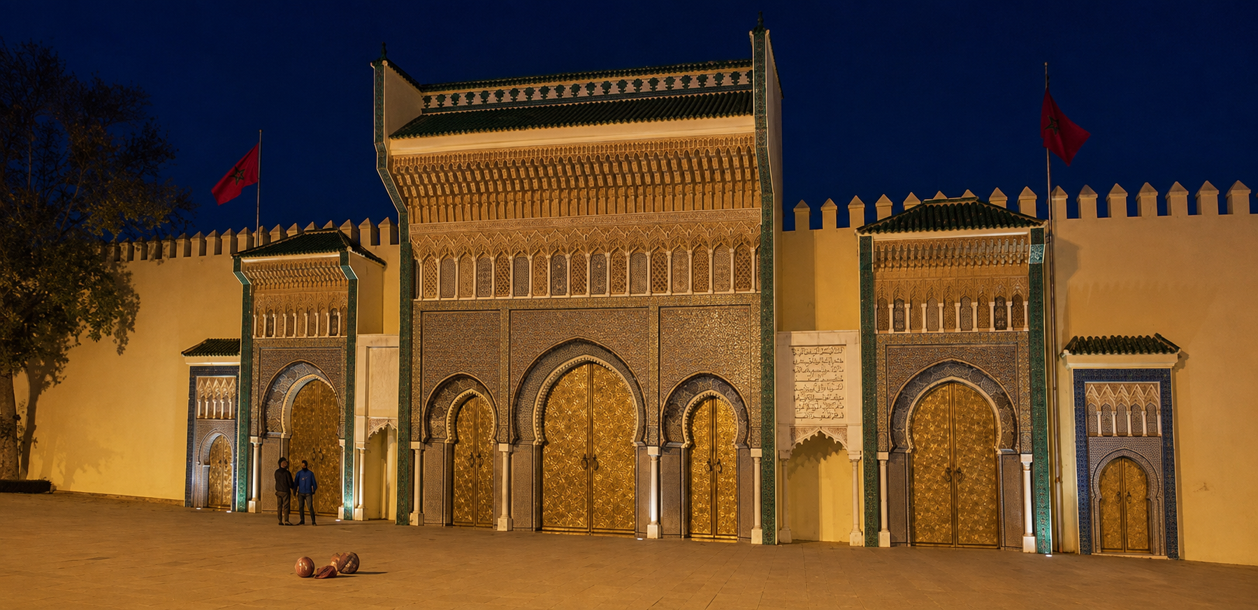 The gates of Dar al-Makhzen after dark — one of Fes el-Jdid’s most spectacular façades, even if the Royal Palace itself remains firmly off-limits.