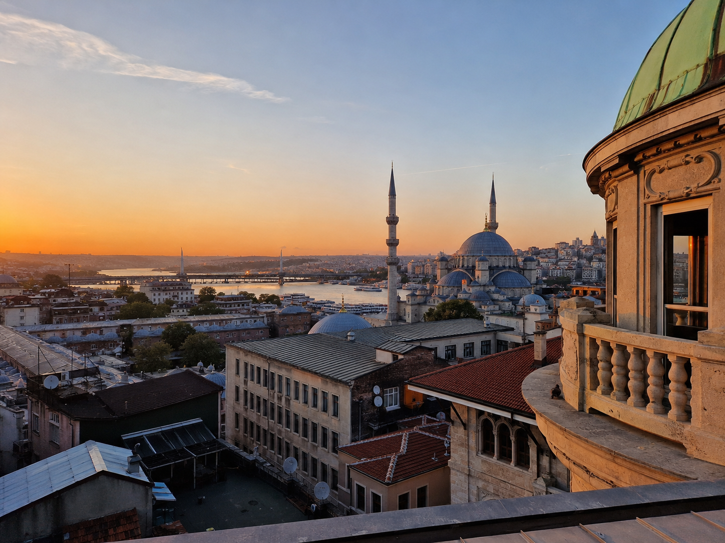 From Kuppel, historic Istanbul seems almost small enough to hold in one frame — domes, minarets, the Golden Horn and Galata layered across the horizon.