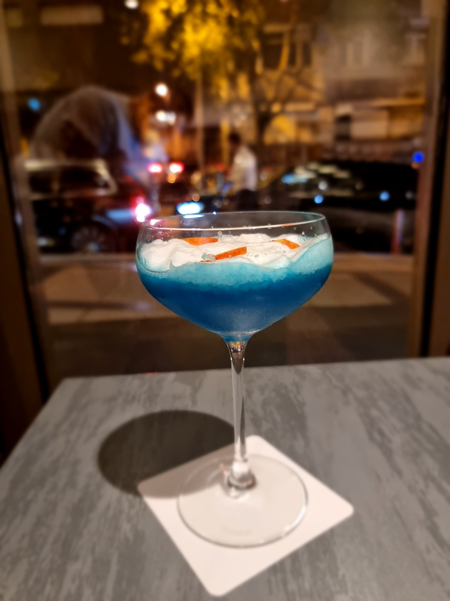 The Blue Sky cocktail — after a fork, a cappuccino frother and finally a full-sized kitchen mixer had been recruited to produce the foam.