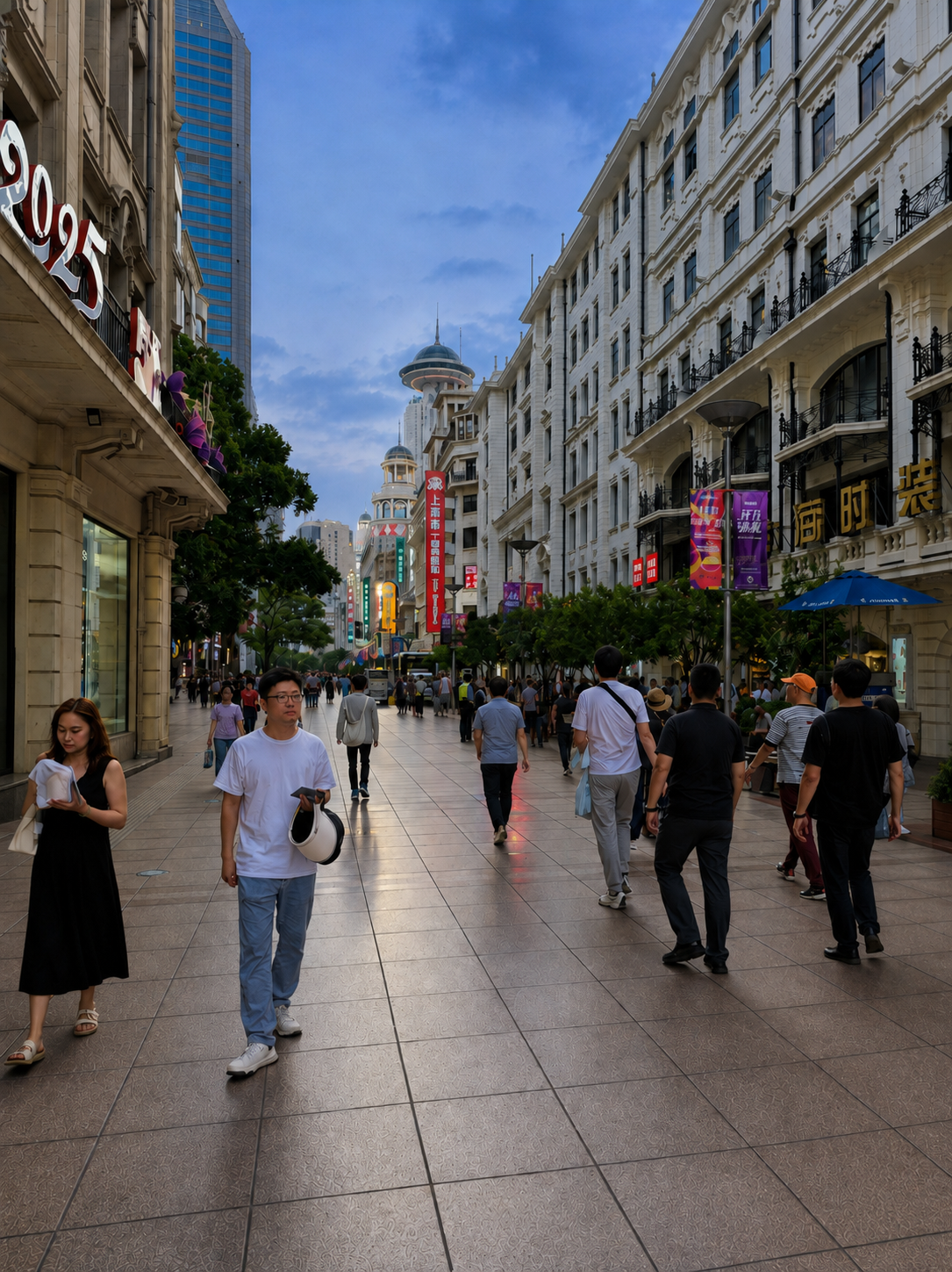 Pedestrians walk along Nanjing Road past shops and illuminated signs in Shanghai.