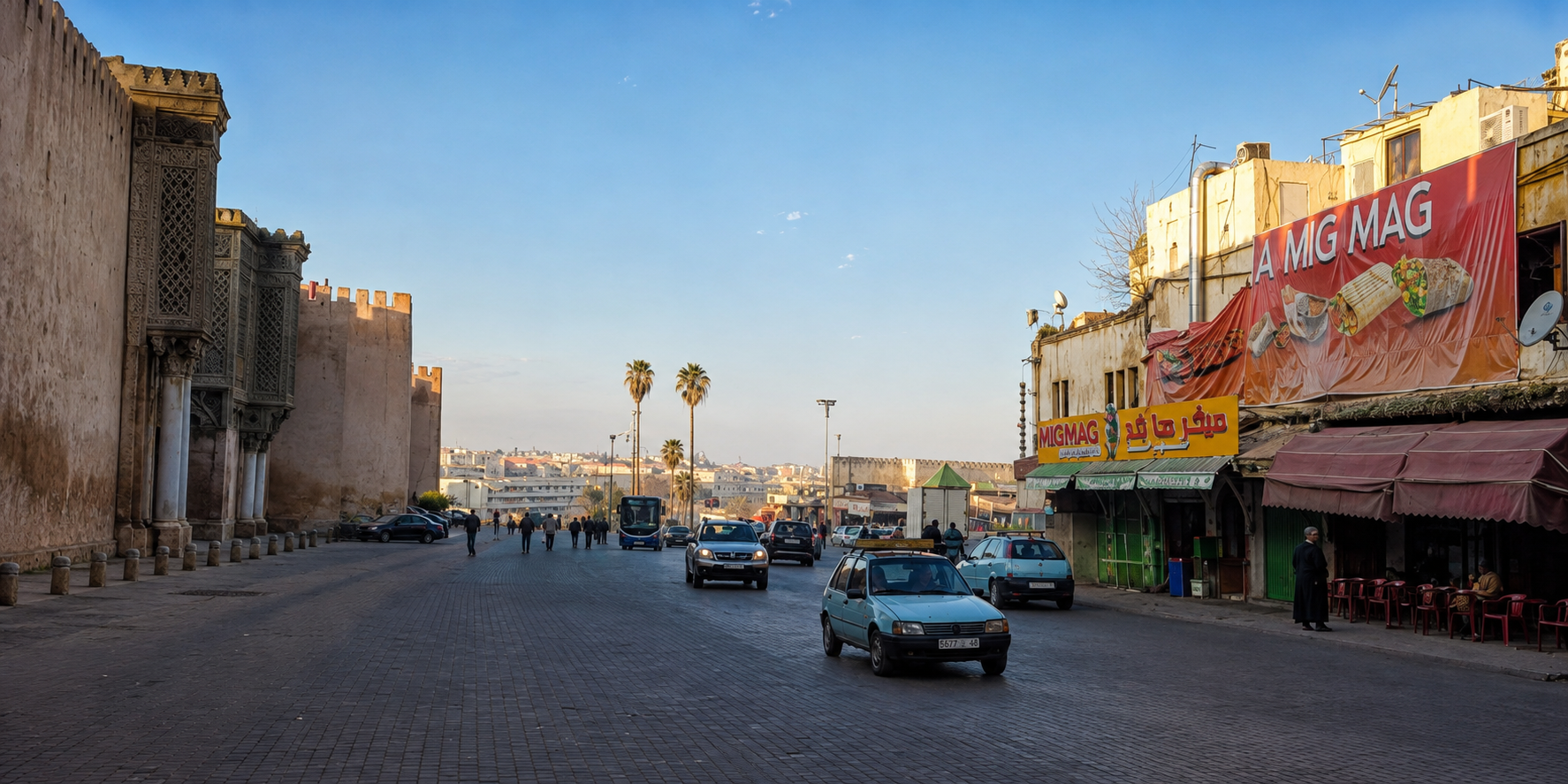 Cars and pedestrians fill a broad street beside old walls and shops in Meknes.