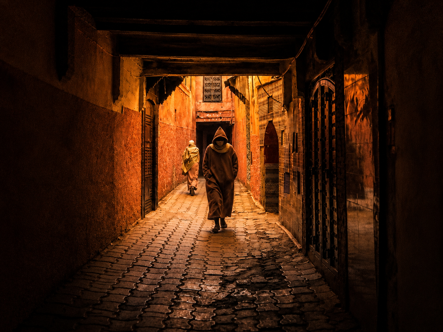 Two people walk through a narrow, shadowed medina alley in Meknes, Morocco.