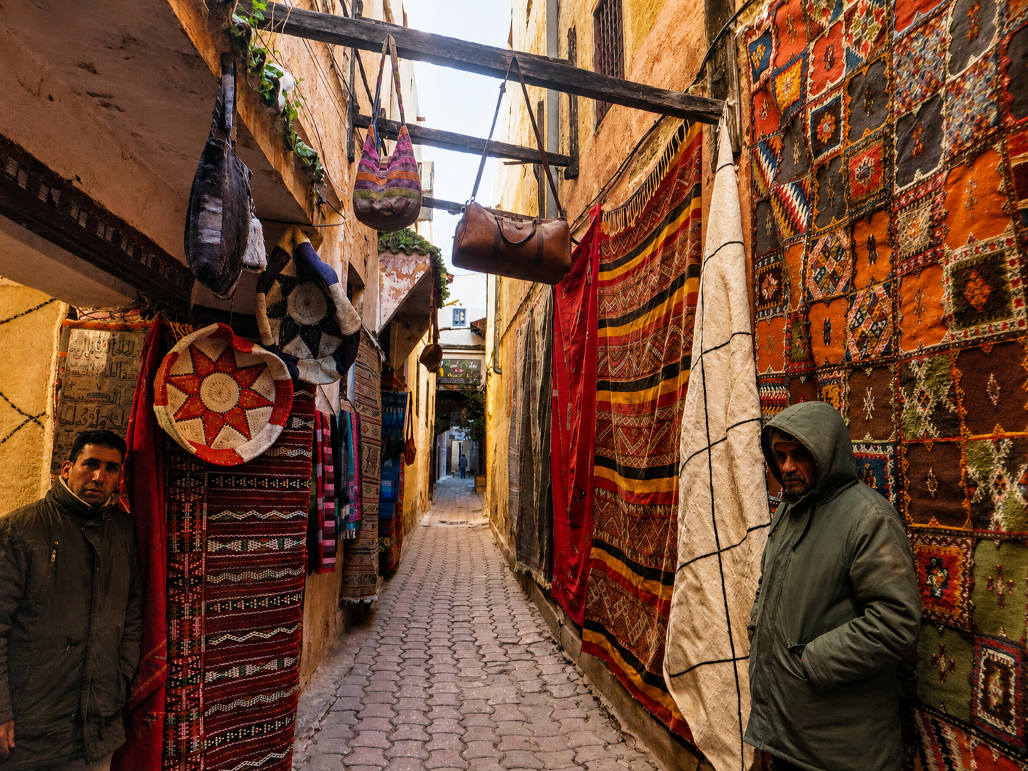 Two men stand beside rugs and bags displayed along a narrow paved medina passage in Meknes.