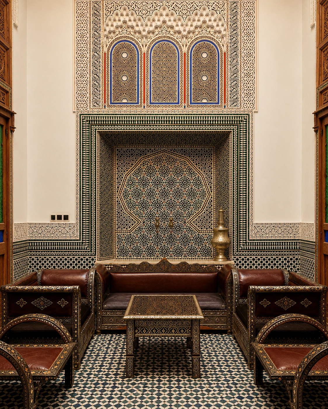 Ornate sitting room with tiled walls, leather seating, a table, and lamp in a traditional Moroccan hotel.