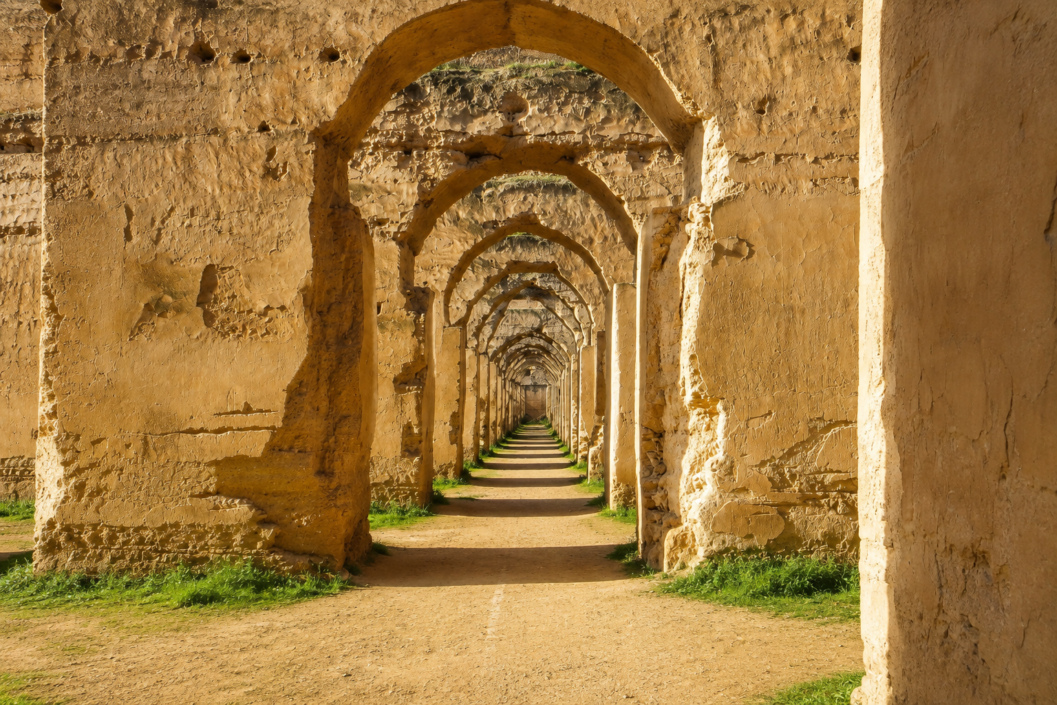 Repeating stone arches form a long corridor at Heri Souani in Meknes.
