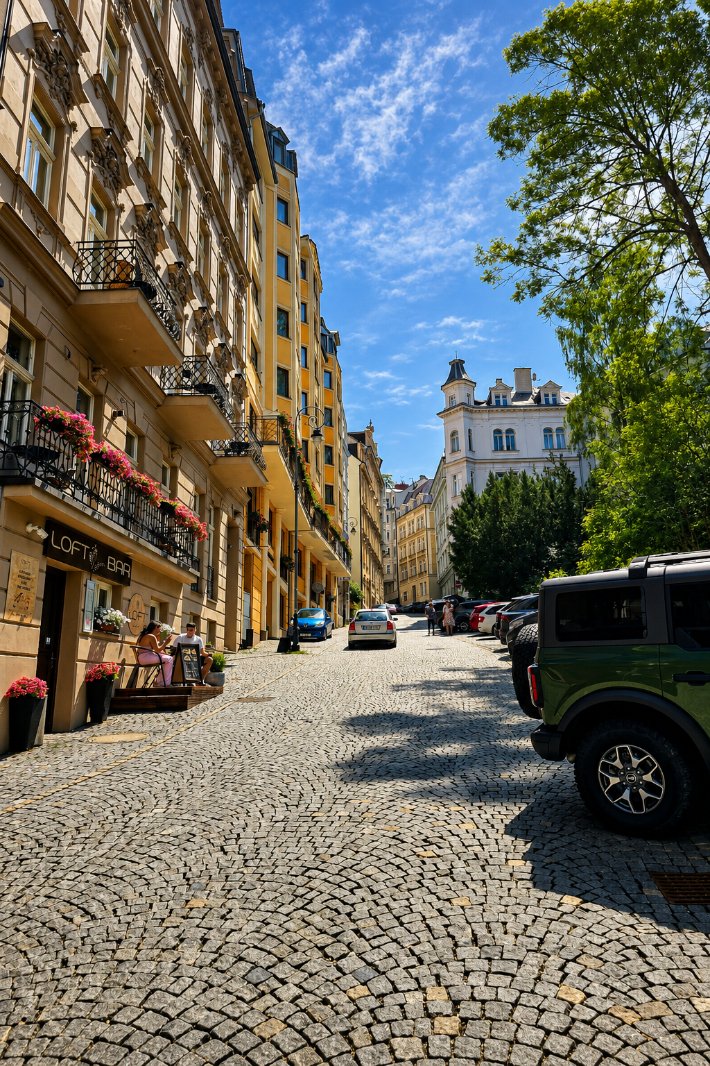 Cobblestone street lined with ornate buildings and parked cars in Karlovy Vary beneath a sunny blue sky.
