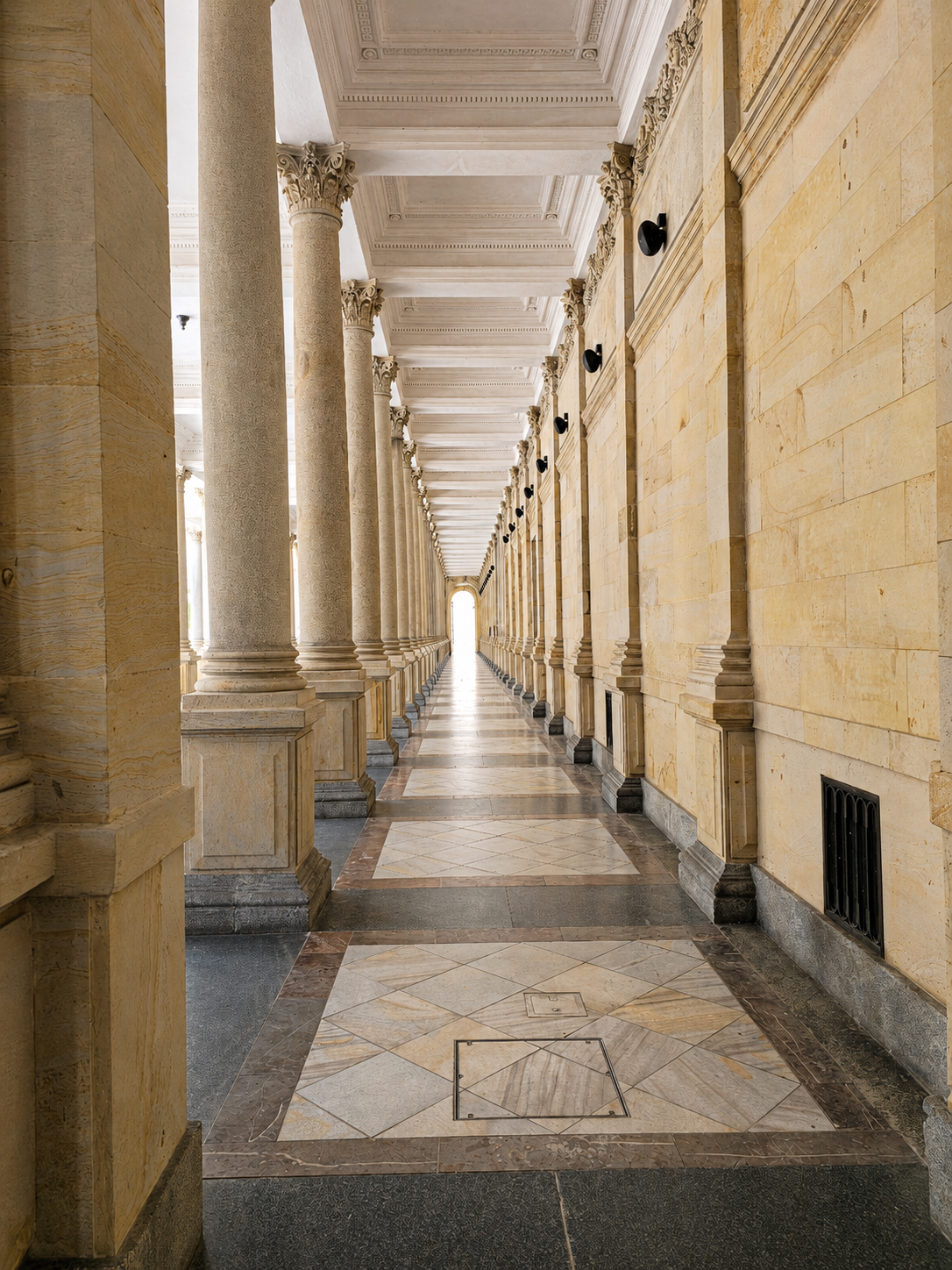 Long colonnade with ornate columns, tiled floor, and stone walls inside Karlovy Vary’s Mill Colonnade.