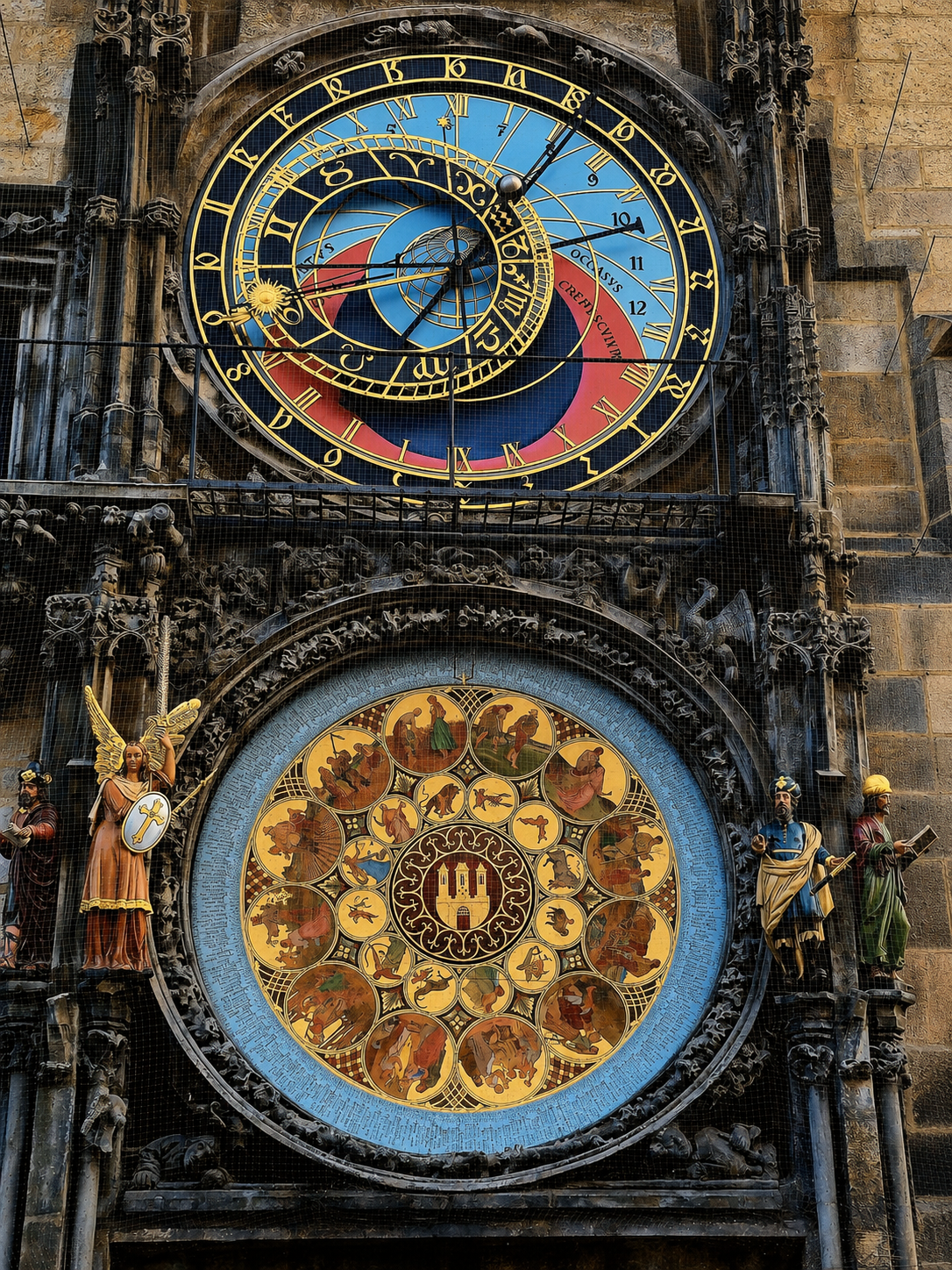 Prague Astronomical Clock façade with blue-and-gold astronomical and calendar dials, statues and ornate stonework.