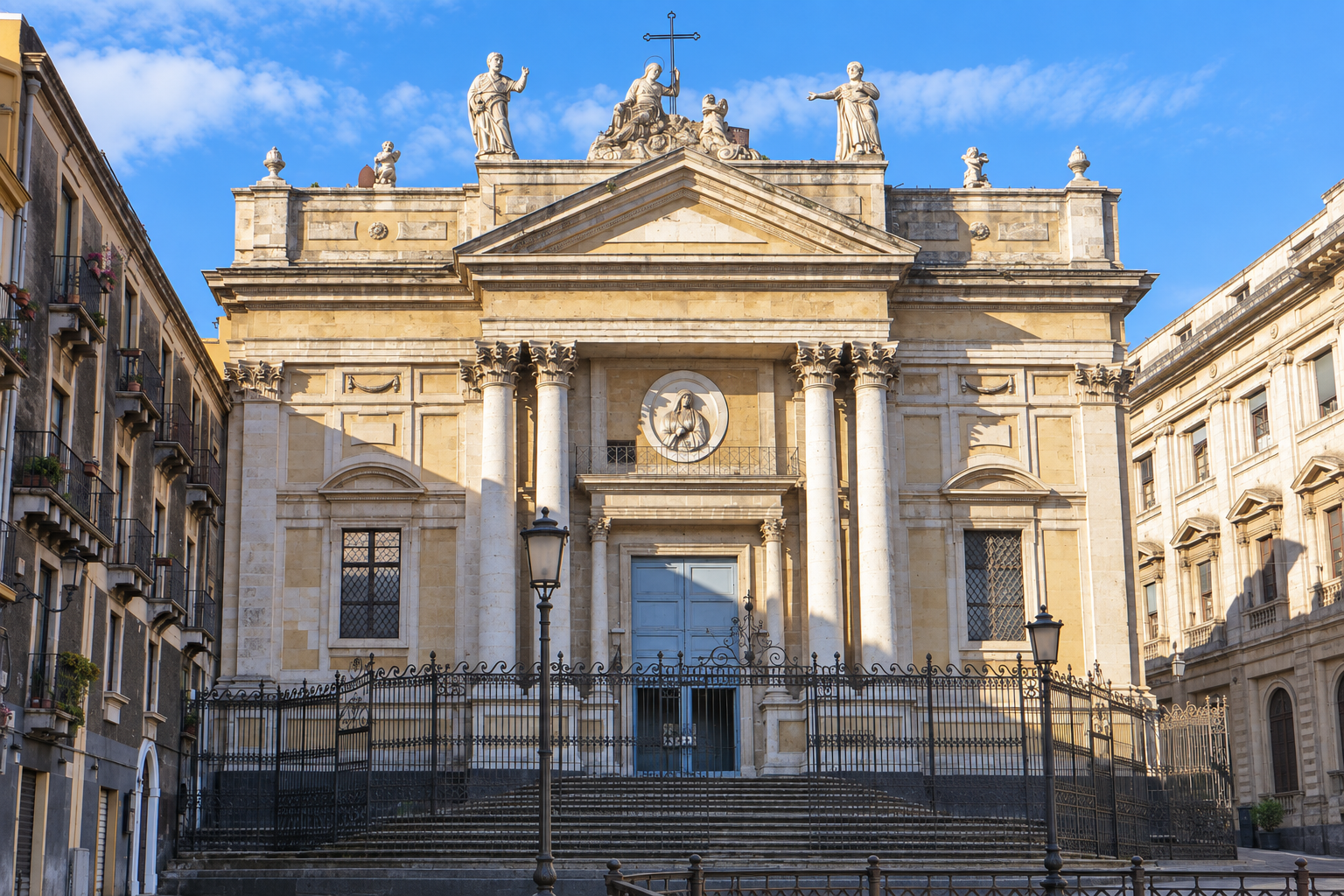 Sant’Agata alla Fornace church in Piazza Stesicoro, Catania, with Corinthian columns and rooftop statues.