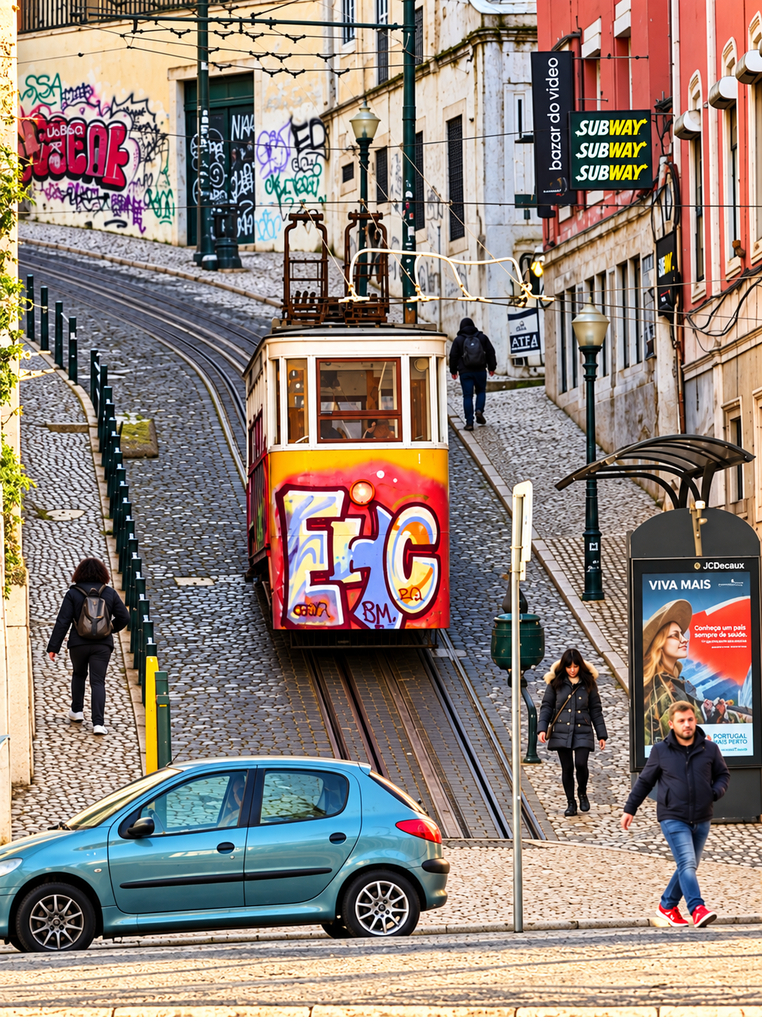 Glória funicular climbs a cobbled Lisbon street past graffiti, pedestrians, shops, and a turquoise car.