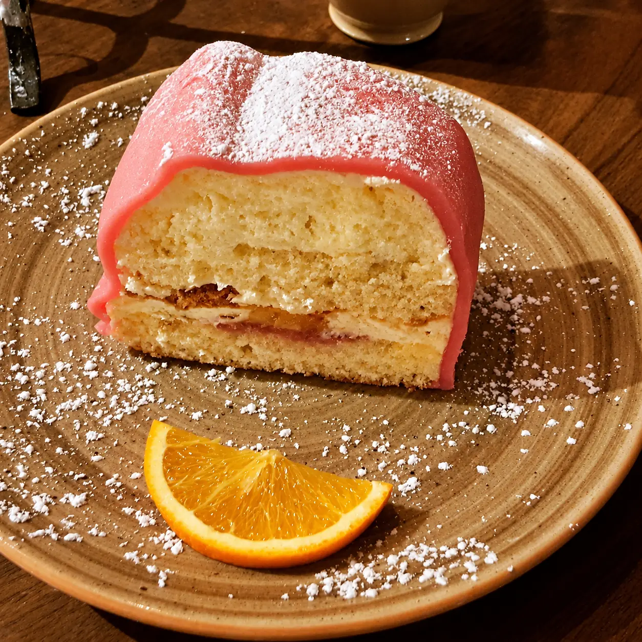 Pink prinsesstårta slice with cream and jam on a brown plate, garnished with an orange wedge.