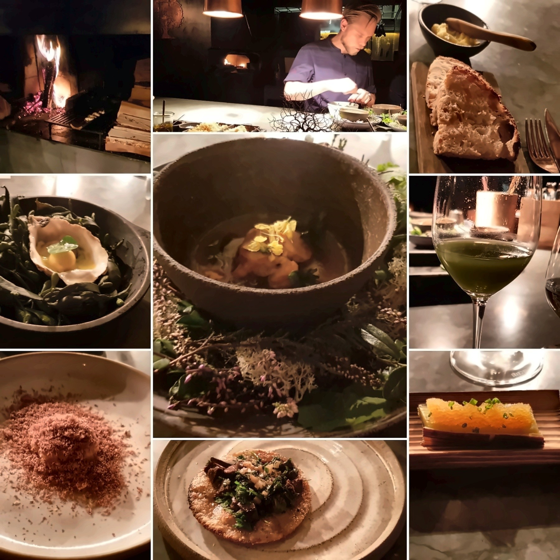 Collage of fire-cooked dishes, a chef plating food, a fireplace, and drinks at a Stockholm restaurant.
