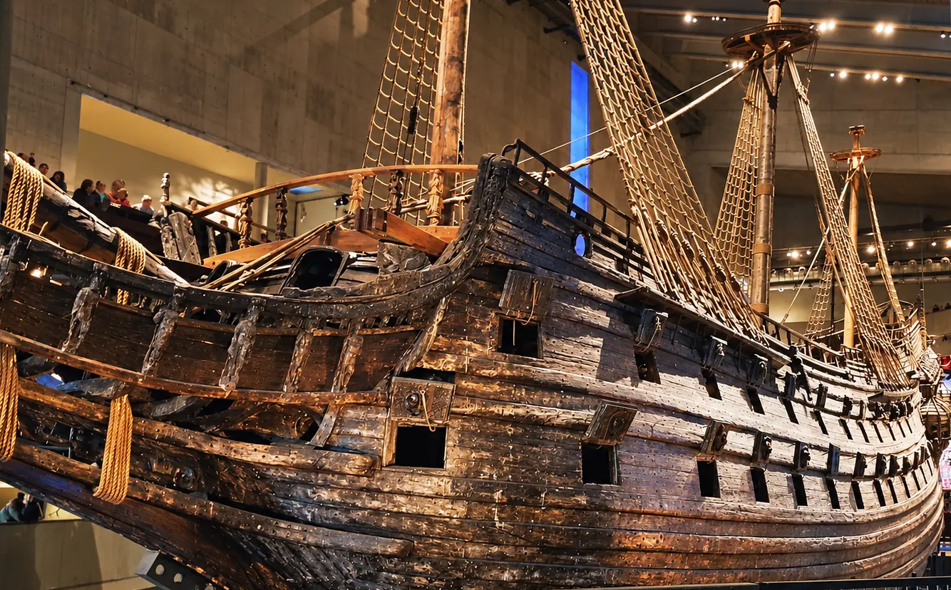 The Vasa ship displayed in its museum hall in Stockholm.