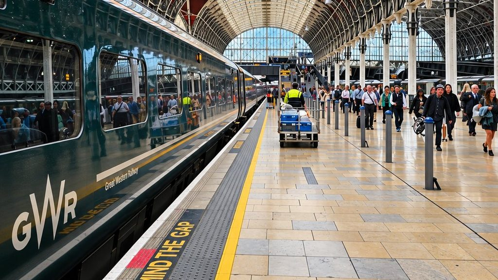 GWR train and passengers on a platform beneath Paddington Station’s arched glass roof.