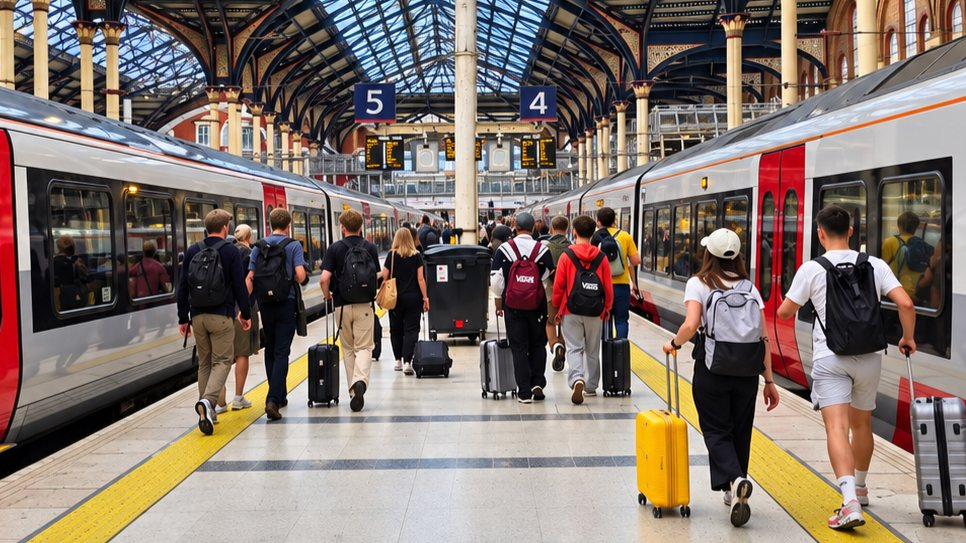 Travelers with luggage walk between trains at a London station beneath a glass roof and platforms marked 4 and 5.