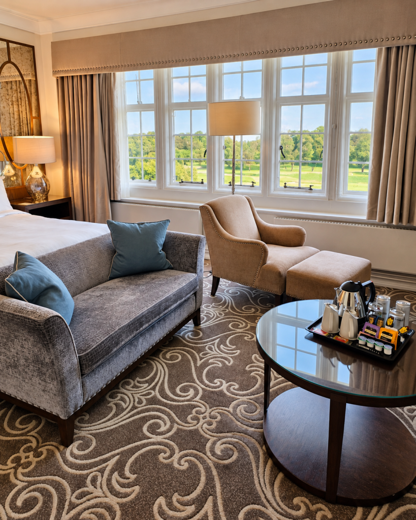 Hotel sitting room with a sofa, armchair, coffee table, and garden views through tall windows.
