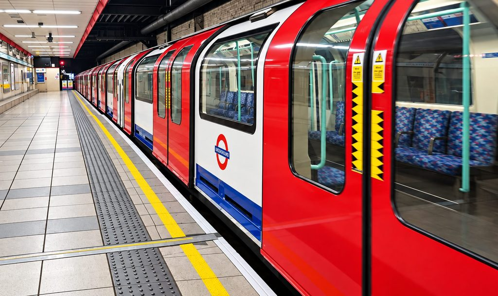 London Underground train stopped at a tiled platform.