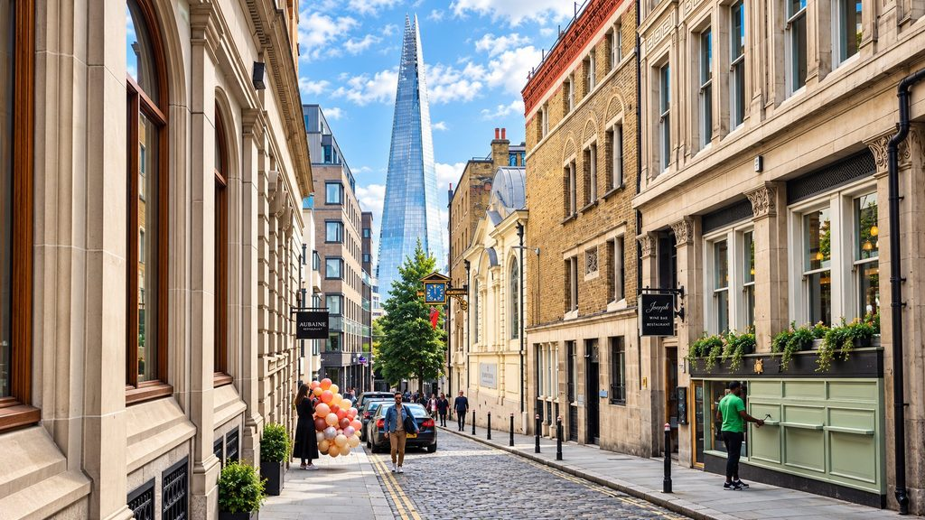 The Shard rises above a cobbled London street lined with buildings, pedestrians, and a cluster of balloons.