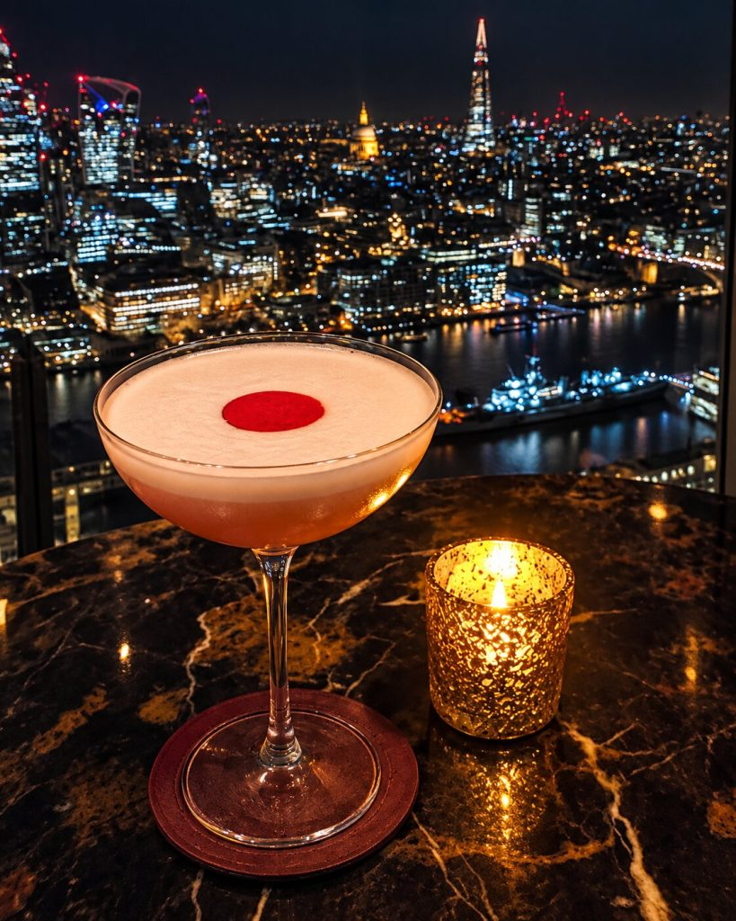 Cocktail beside a candle on a marble table overlooking London’s nighttime skyline.