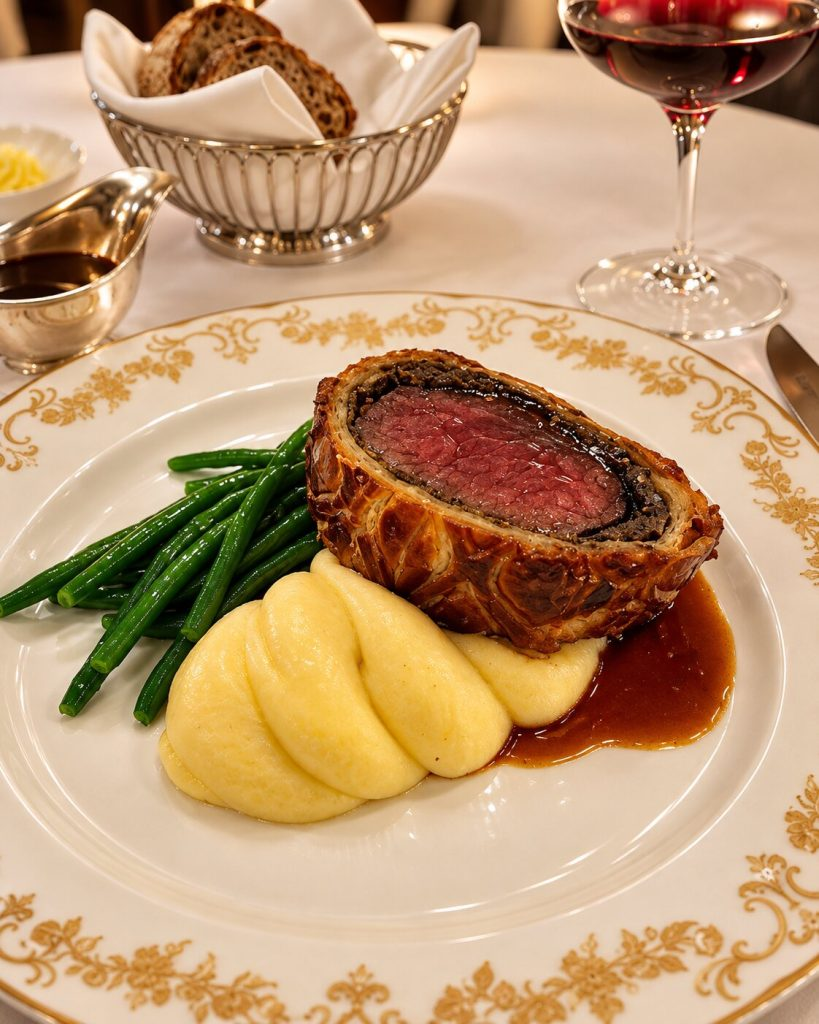 Beef Wellington with green beans and mashed potatoes on an ornate plate at Savoy Grill.