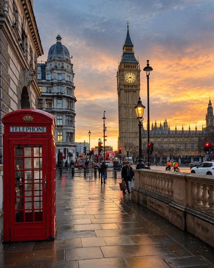 Red telephone box and Elizabeth Tower on a wet Westminster Bridge in London at sunset.